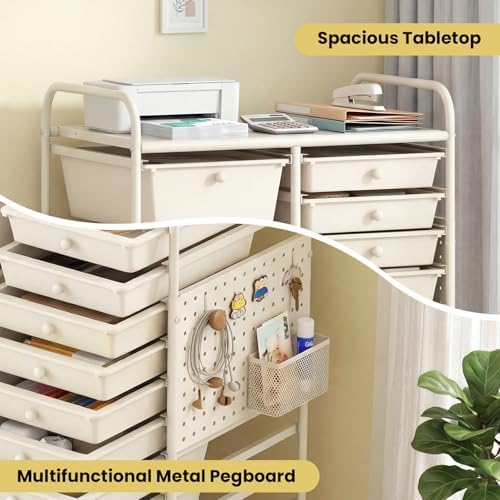 GOFLAME 15-Drawer Rolling Storage Cart with Pegboard, Craft Storage Cart with Lockable Wheels and Metal Frame, Art Cart Supply Storage Organizer for Home Office Classroom, White