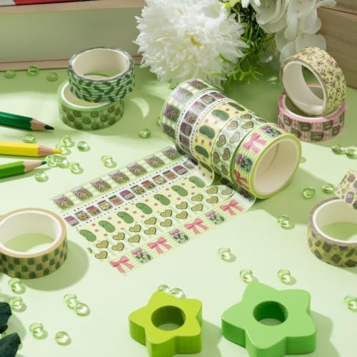 Funny Pickle Washi Tape - 12 Rolls Cucumber Pink Bow Decorative Tape Set for Teen Bookish, Green Pink Stripe Food Wrapping Paper DIY Art Crafts for Scrapbook Journal Birthday Gift Supplies