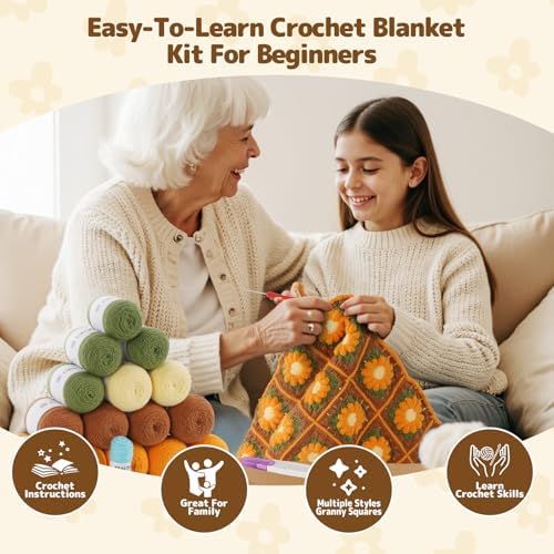 WILSHIN Granny Squares Blanket Crochet Kit for Beginners – Soft Yarns, Detailed Instructions & Step-by-Step Tutorials, Easy Crochet Starter Kit, Craft Gift for Adults (Brown Sunflower)