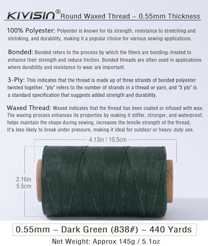 Round Waxed Polyester Thread 0.55mm, 440 Yards, Dark Green, Stiff 3 Ply Leather Wax String for Hand Sewing, Beading, Knotting, Book Binding, Upholstery, Macrame Jewelry and Bracelets Making