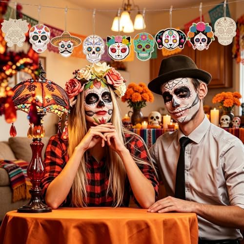 80PCS Wooden Day of The Dead Skull Ornaments to Paint Dia De Los Muertos Decorations Crafts for Kids, Halloween Decorations DIY Blank Sugar Skull Unfinished Mexican Fiesta Cutouts for Party Hanging