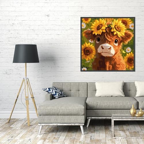 AALBLAC Cow Paint by Numbers Kit for Adults Beginners, Highland Cow Flower Paint by Number for Adults, Easy Animal Acrylic Painting by Numbers for Home Wall Decoration (16x16 inch)