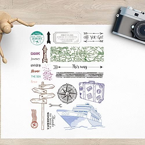 World Travel Ship Compass Map Clear Stamps for Card Making Decoration DIY Scrapbooking, Transparent Rubber Seal Stamps for Photo Card Album Crafting Supplies.