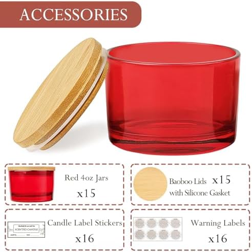 CONNOO 15 Pack 4oz Red Glass Candle Jars with Airtight Bamboo Lids