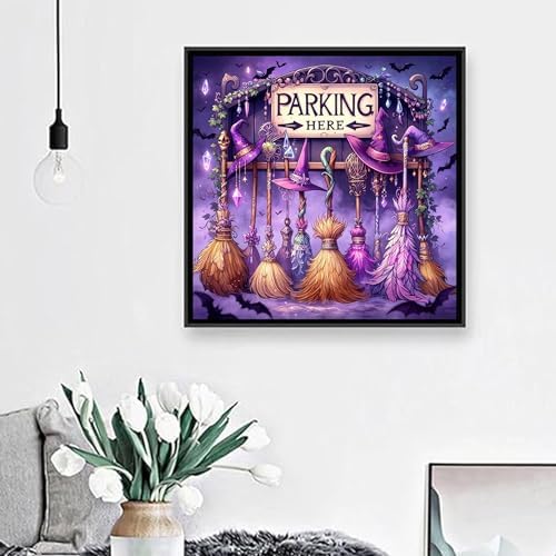 ckdiluy Halloween Diamond Art Kits for Adults Beginners, 5D DIY Witch Broom Diamond Painting Kits, Full Round Drill Magic Hat Diamonds Painting Dots Gem Art Crystal, Home Wall Decor 13.8X13.8 Inch