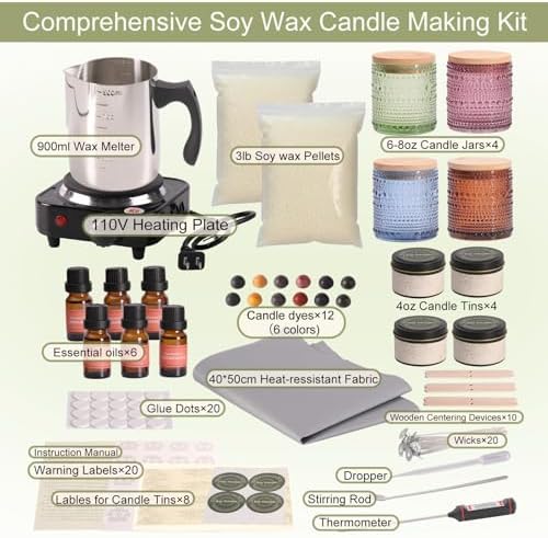 LAMORGIFT Soy Candle Making Kit with Wax Melter for Adults- Natural Soy Wax with Candle Making Supplies, 4 Jars& 4 Tins, Wax Melting Pot and More, Colored Scented Candle DIY Kit for Christmas Gift Set
