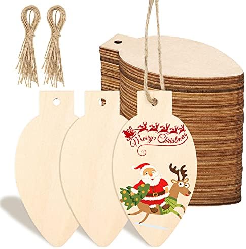 Queekay 50 Pcs Unfinished Wood Christmas Light Bulb Ornaments,Wood Color