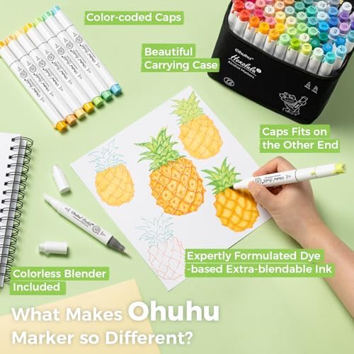 Ohuhu Alcohol Markers Brush& Chisel 72 Colors for Adult Coloring Refillable | AP Certified Art Marker Set, Dual Tips Alcohol-based for Artists Beginners Drawing Illustration Sketching, Honolulu 2