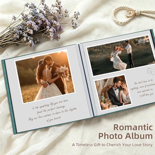 Popotop Photo Album Self Adhesive with Picture Display Window,60 Pages DIY Scrapbooking Supplies Kit for 4x6 10x12 Picture,Linen Cover Memory Book for Baby Wedding, with Scraper and Metallic Pen