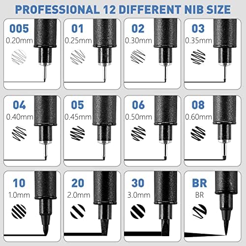 YISAN Drawing Art Pens,Micro Fineliner Pens,Fine Tip Manga Markers for Artist Sketch Technical,Black,12 Set,902195