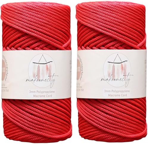 Makromecity 2 Skeins Polyester Macrame Cord 3mm x 131 Yards (394 Feet) Red Polypropylene Cord for Crochet, Crafts, Wall Hangings, Bags, Underplate, Rug