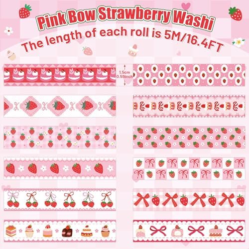 Pink Strawberry Washi Tape - 12 Rolls Waterproof Cute Bow Sweets Desserts Self Adhesive Decorative Paper for Gift Wrapping Scrapbook Journaling Kitchen Birthday Party Favor Craft Supplies