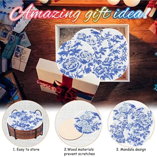 8 Pack Diamond Art Coasters, Blue Flowers Diamond Painting Coasters