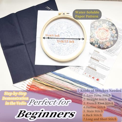FONNUY Floral Embroidery Kit, Cross Stitch Kits for Beginners, Handmade Crafts with Printed Patterns for Beginner Adults, Easy to Follow Color Thread Needlework, 8'' Hoop (Full Bloom)