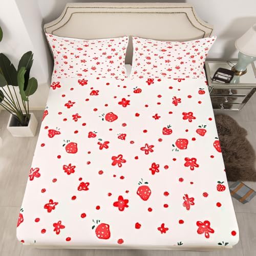 Strawberry Flower Bed Sheet Set Queen Size Red Fruit Floral Theme Mattress Cover Sweet Style Lovely Sheets for Boys Girls Bedroom White Red with Flat,Fitted Sheet Pillowcase 4Pcs