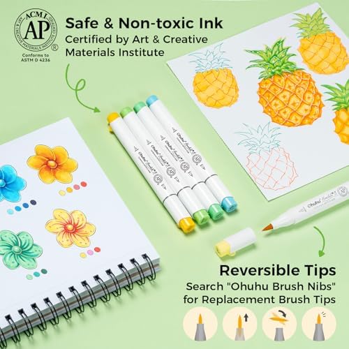 Ohuhu Alcohol Markers Brush& Fine 72 Colors for Adults Coloring Refillable | AP Certified Art Marker Set, Dual Tips Alcohol-based for Artists Beginners Drawing Illustration Sketching, Honolulu 2B