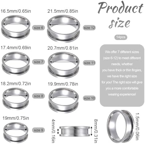 Ring Blanks, 14 Pcs Stainless Steel Finger Rings Grooved Core Inlay Blank Rings US Size 6/7/8/9/10/11/12 Empty Ring Blanks for Jewelry Making Kit Supplies