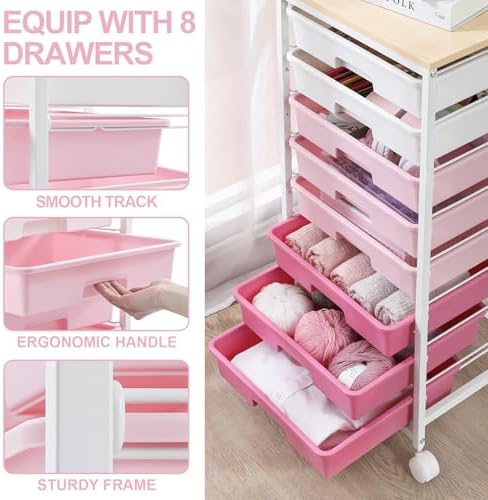 SYKIARIOL Rolling Cart with Drawers,Utility Cart with 8 Drawers,Rose Pink | Craft Organizers and Storage Cart with Wooden Tabletop for Living Room,Classroom, Bedroom,Dorm,Home Office
