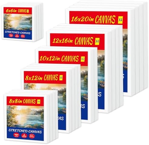 22-Pack Stretched Canvas 6 Sizes 6x6 to 16x20 Cotton for Oil & Acrylic | 10oz 100% cotton duck seed husk, triple acid-free gesso, reinforced pine frames for oil, acrylic & mixed media