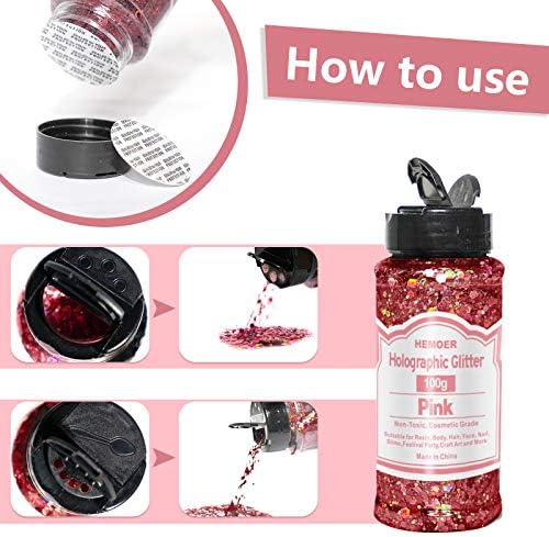 HEMOER Pink Glitter, 100g/3.5oz Holographic Chunky Glitter Mixed Hexagon Chunky & Fine Flakes Iridescent Sequins for Epoxy Crafts, Resin, Nail Body, Tumblers, Party Decoration