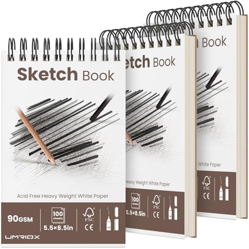 Umriox Sketch Pads for Drawing, 5.5" x 8.5" Small Sketchbook, 3-Pack | Acid-Free Drawing Paper, 100 Sheets Each Pad, Spiral Bound, Portable Art Supplies for Kids, Beginners, Travel & Projects