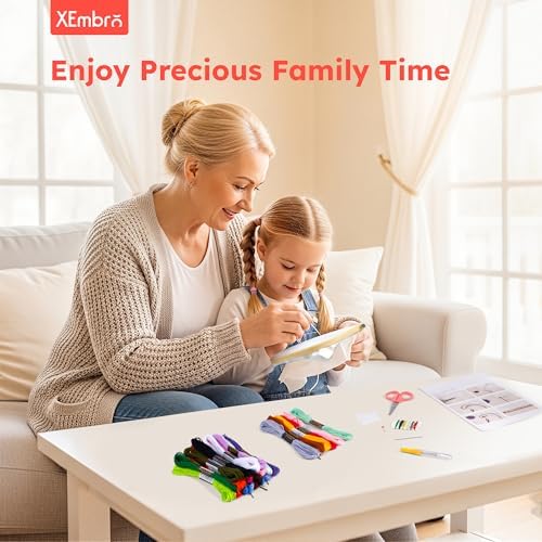XEmbro Embroidery Stitch Book Kit for Beginners and Sewing Lovers, Portable Embroidery Book Kit with Water-Soluble Pre-Printed Fabric, Square Embroidery Hoop, and Sewing Tool