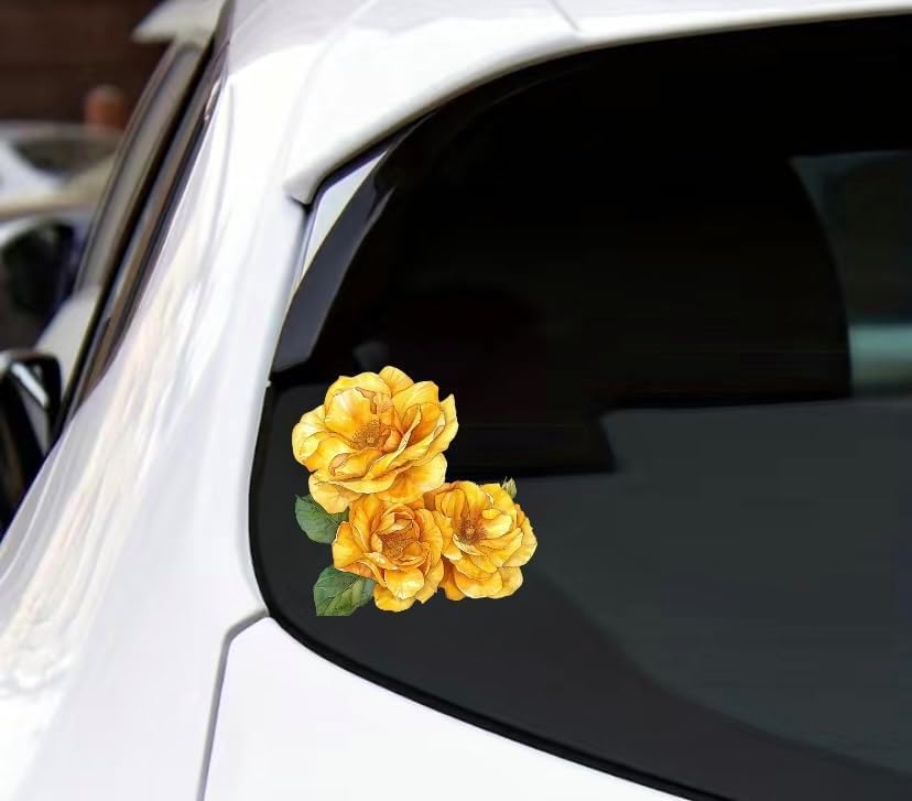 MAKTEM Japanese Yellow Rose Flower Car Sticker, Floral Oriental Rose Vinyl Bumper Sticker, Beautiful Yellow Flower, Car, Case, Laptop, Waterbottle