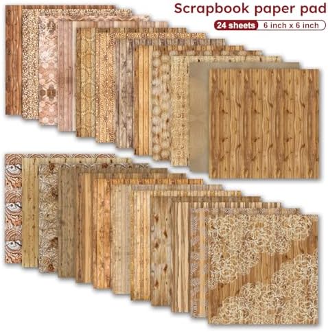 6-inch Wooden Patterned Scrapbook Paper Pad, 24 Sheets Double Sided Retro Aesthetic Origami Paper for Journaling, Collage, DIY Card, Folded Photo Album, Handmade Crafts & Decor Projects