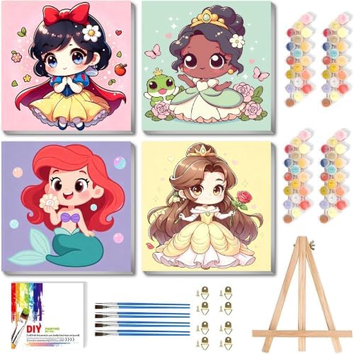 LWZAYS 4 Pack Cartoon Paint by Number for Kids with Wooden Frame-Paint by Numbers for Kids Ages 4-8-12, DIY Paints with Numbers Easy Acrylic Oil Painting Kits for Home Wall Decor (8X8inch) 2.0