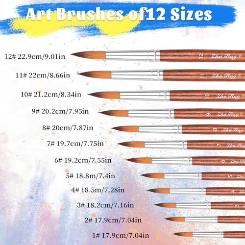 12pcs Round Watercolor Brushes for Acrylic Painting Round Pointed Paint Brushes Round Tipped Face Paint Brush Professional Oil Paintbrushes for Body Rock Miniature Model Artist Painting