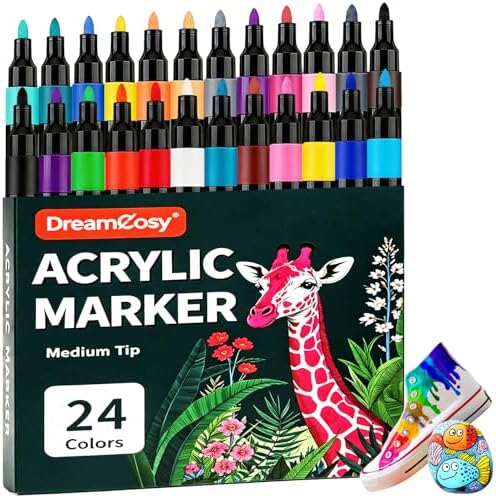 Acrylic Paint Markers, 24 Colors Medium Tip for Rock Wood Glass