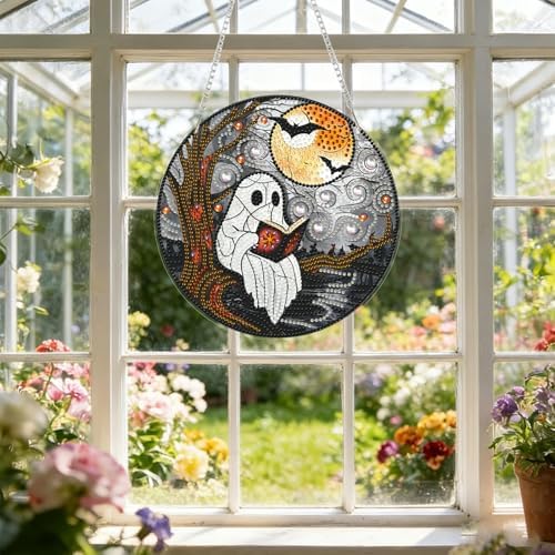 CRZMODE Halloween Diamond Art Hanging Kit for Adults, Ghost Read Book Pendant Diamonds Painting Art Kit, Special Crystal Diamond Art Painting Pendant Ornament, Craft Gift for Women Home Window Decor