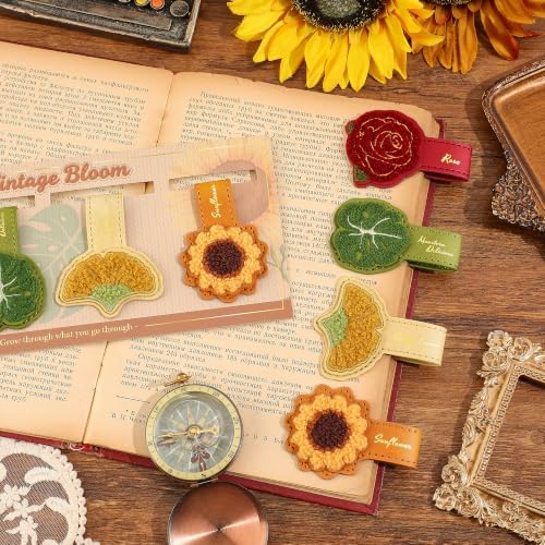 4PCS Leather Flower Magnetic Bookmarks Set，Vintage Bloom Book Markers for Reading Women & Men，Reading Accessories for Book Lovers，Readers，Adults & Kids，Unique Gifts for Festivals & Remembrance Days