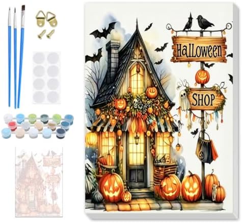 SENQAO Bat Shop Paint by Numbers Kit for Adults Beginner, Halloween Adult Paint by Number Kits on Canvas, DIY Acrylic Oil Easy Painting by Numbers for Home Wall Decor 8X12 inch (Halloween Shop)