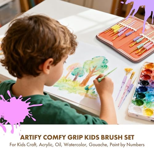 Artify Paint Brushes for Kids, 15-Sizes Paint Brush Set for Kid's Art and Crafts, Cute Dino Bag | Ergonomic Donuts Handle | Kids Paint Brushes for Acrylic, Oil, Watercolor, Gouache, Paint by Numbers