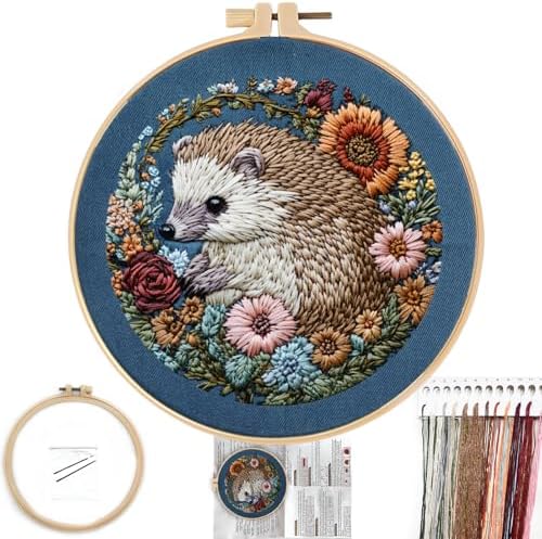 FONNUY Embroidery Kit for Beginners, Cute Hedgehog Stamped Embroidery Patterns Kits for Adults with Hoop, Easy to Follow Sewing Thread Needlework, 8'' Hoop (Resilient)