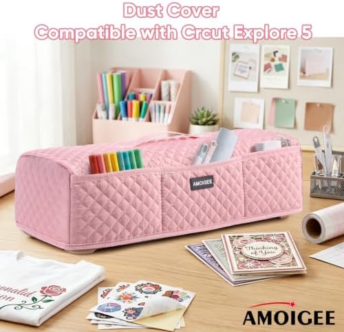 AMOIGEE Dust Cover for Latest Cutting Machine Cricutt Explore 5, Quilted Protective Cover with Storage Pockets for Cutting Machine, Floral Fabric Anti-Dust Cover for Craft Machine Organizer