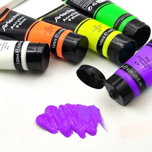 Artecho Fluorescent Purple Acrylic Paint 120ml /4.05oz Tube | Semi Glossy Finish, High Pigment Rich Color Craft Paint for Canvas, Fabric, Non-Toxic