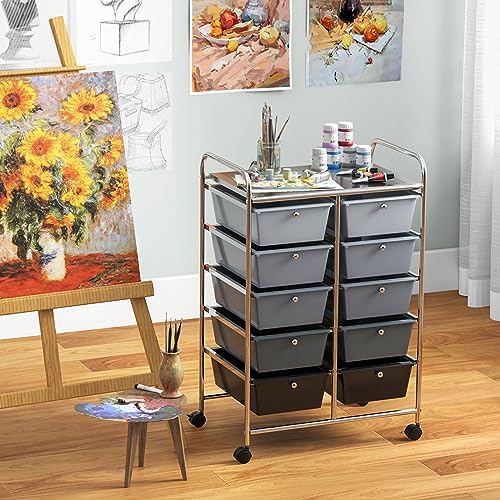 Giantex 10 Drawers Rolling Cart, Classroom Organizers, Storage Cart with Wheels, for Teacher Office Home School Supplies Tool Craft Art Paper, Black Gradient