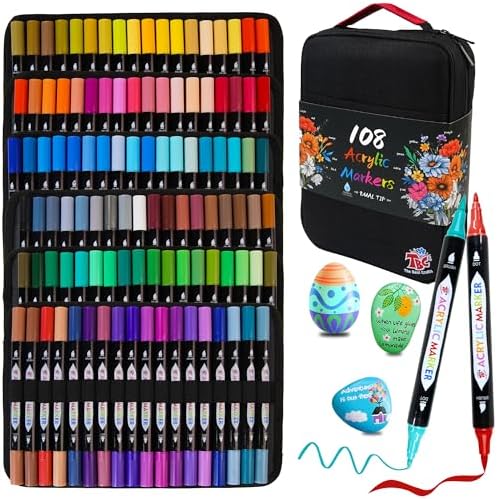 TBC The Best Crafts 108 Dual Tip Acrylic Paint Markers, Double zipper design Topgrade Canvas bag,Waterproof, Non-Toxic, odorless, Suitable for Paper,Pottery, Stones, Glass,outdoor painting