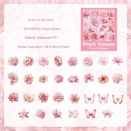 Doraking 60 Pieces Glitter Shiny Flower Stickers for Journaling Art Crafts | Waterproof Decorative Decal for Scrapbooking Supplies Journal Planners Photo Album Decor (Pink)