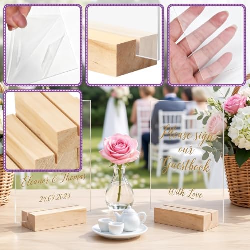 Bercoor 5 Pack 4x6 Inch Blank Clear Acrylic Sign with Wooden Stands, Rectangle Top Acrylic Sheet, DIY Acrylic Rectangle Table Numbers for DIY Name Card Gifts Event Party Sign Decoration