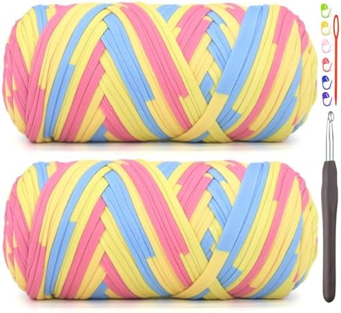 2 Pack Tshirt Yarn for Crocheting,Rainbow T Shirt Chunky Elastic Thick T-Shirt Crochet Yarn for Beginners Crocheting Hand Knitting Bag/Basket/Coasters/DIY Crafts/Home Decor 2 * 200G-Blue Pink Yellow