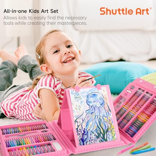 Shuttle Art 335 Piece Kids Art Set, Multi-Media Art Supplies, Gift Art Kit with Trifold Easel, 2 Drawing Pads, 2 Coloring Books, Oil Pastels, Crayons, Watercolors, Markers, Colored Pencils (Pink)