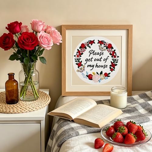 ElasignShopo Embroidery Kit for Beginners Adults – Funny Please Get Out of My House Cross Stitch Kit, Floral Butterfly Pattern Embroidery Starter Set with Hoop, Needles, Threads & Instructions