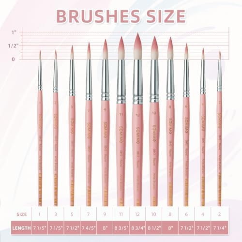 12 Pcs Round Professional Artist Watercolor Paint Brush Set, Pink