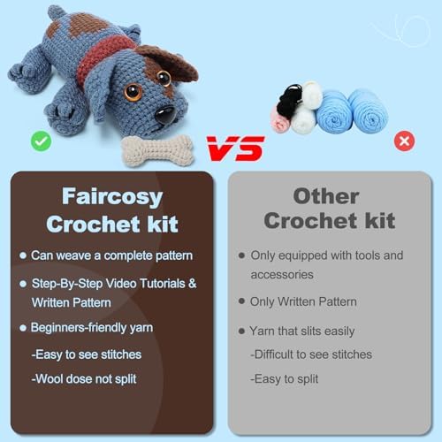 Faircosy Animal Crochet Kit for Beginners Adults: Learn to Crochet Starter Kits with Detailed Video Tutorials - DIY Crochet Cute Dog Kit for Women Men