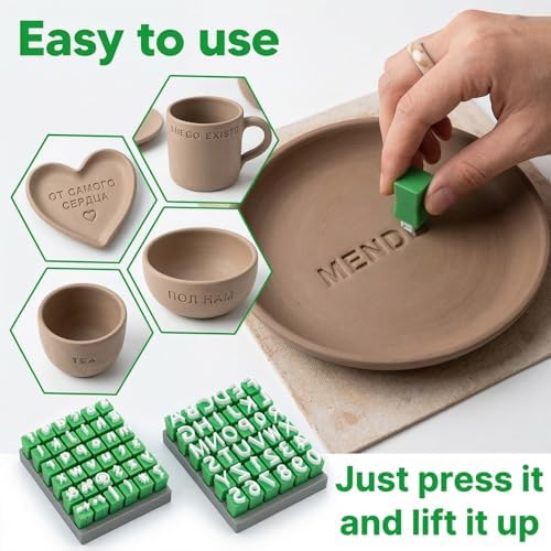 Alphabet Stamp Set for Clay Pottery, 74-Piece Kit, Green