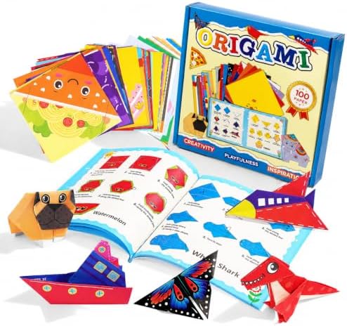 Xuoent Origami Kit for Kids, 100 Sheets Paper Crafts Kits, Ages 5-12+ | Included: 100 sheets with 45 patterned papers (2 each) plus 10 solid colors, origami book and video tutorials for kids.