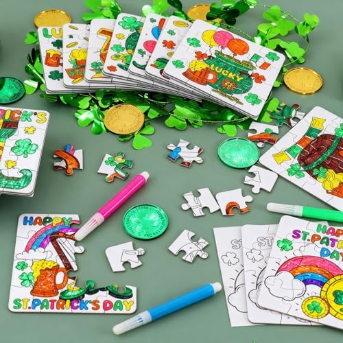St Patricks Day Crafts for Kids & Adults Bulk, St. Patrick's Day Activities Classroom Gifts, Irish DIY Kits Jigsaw Puzzles with Pot of Gold, Leprechaun Shamrock, March Arts for Party Favors Supplies